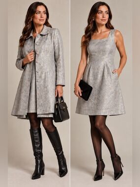 Vintage Daniel Hechter- Light Blue Tapestry Matching Sheath Dress & Overcoat